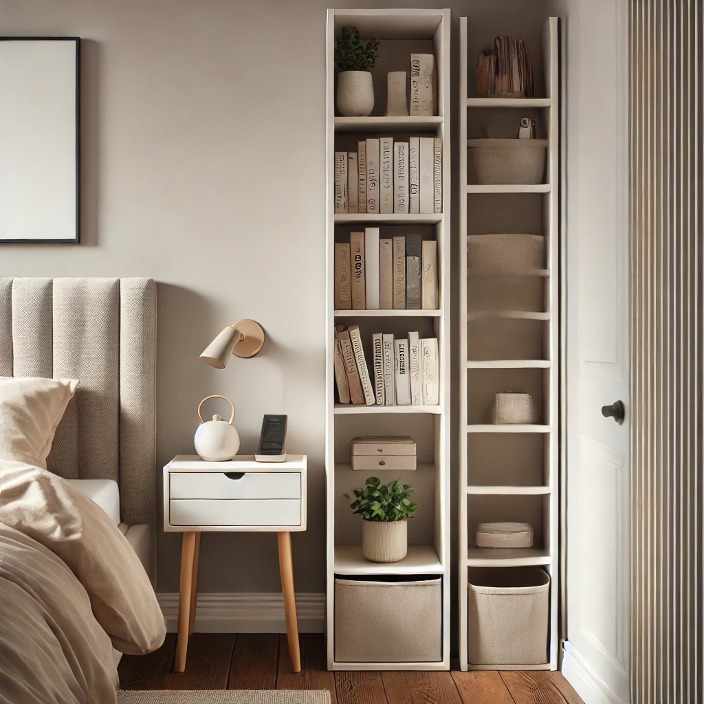Using Slim Storage Solutions to Fill the Space Beside Nightstand